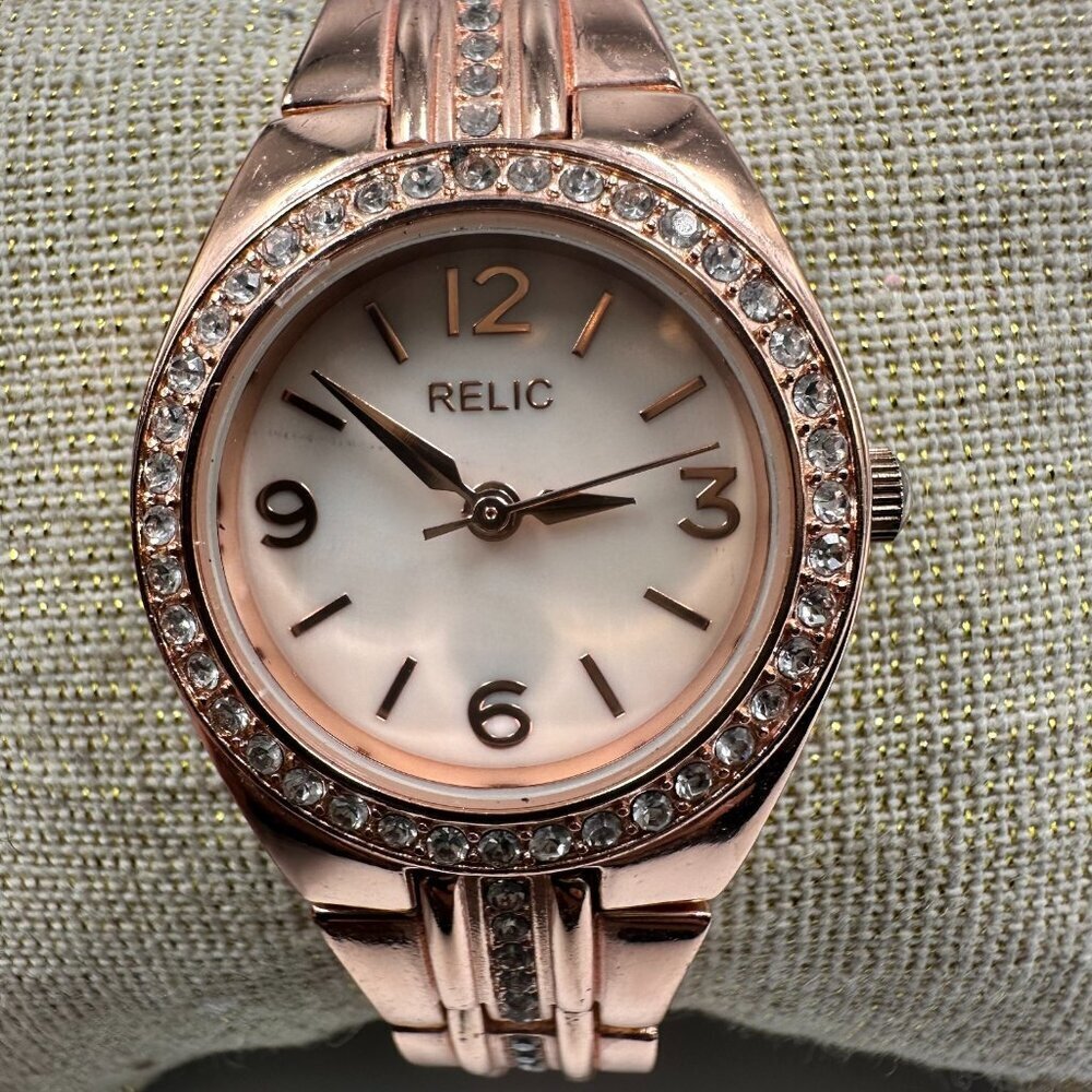 Relic Watch Women Rose Gold Tone Crystal Bezel 26MM Round New Battery 7 Inch